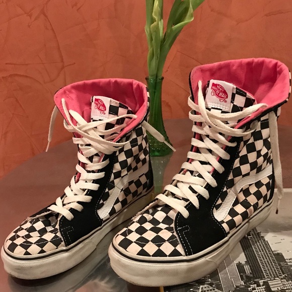black white and pink checkered vans